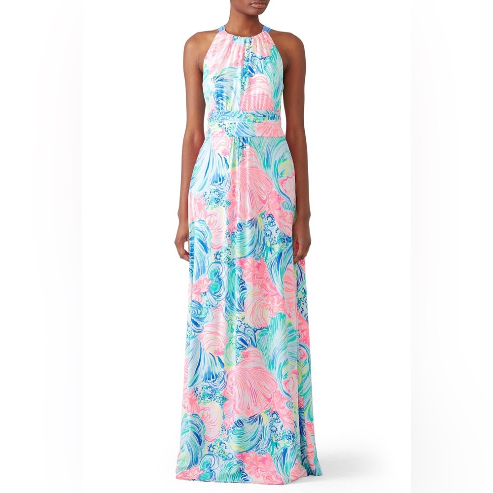Lilly Pulitzer Marina Halter Maxi Dress Multi Beach Please Print Size Large